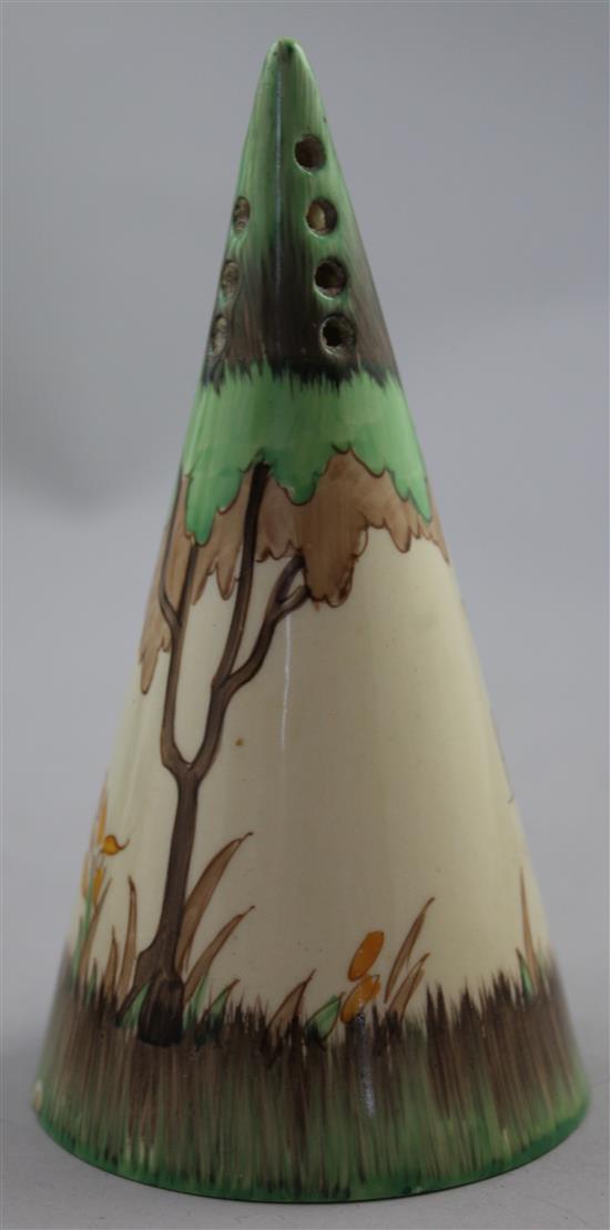A Clarice Cliff conical sugar sifter, 14cm, splinter chip to foot